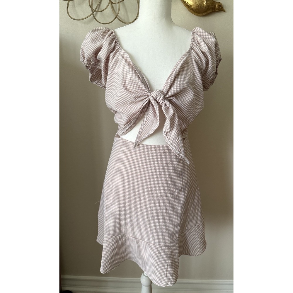 Altar'd State Mauve Gingham Mini Dress M Tie‎ Front Puff Sleeve Cottagecore